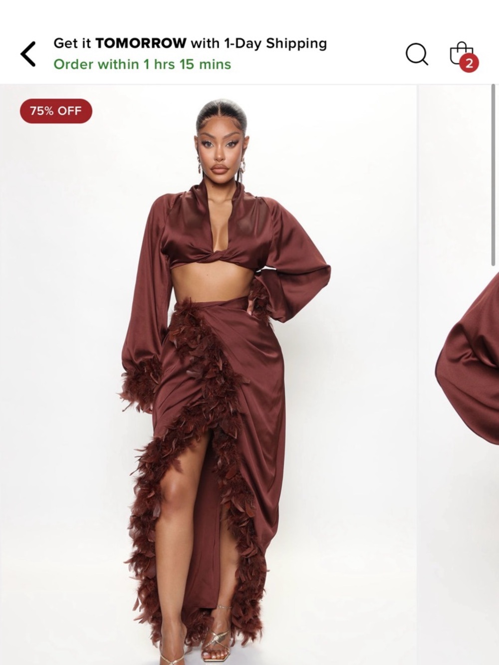 Fashion Nova Chocolate Brown Satin Crop Top with Feather Trim Skirt